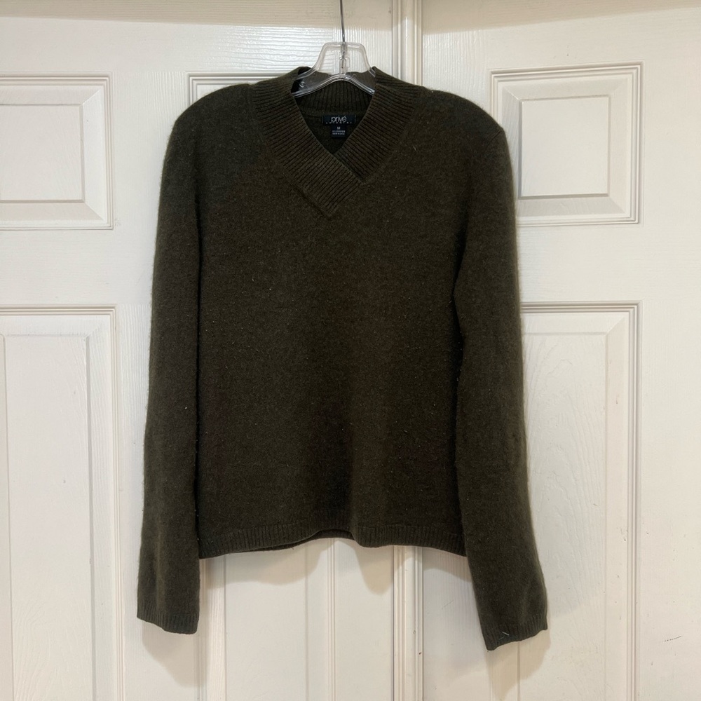 Prive Cashmere Olive Green Shawl Collar V-Neck Pullover Sweater Womens Medium